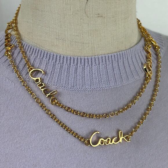 Coach | Jewelry | Coach Logo Script Bar Long Chain Necklace Gold Tone ...